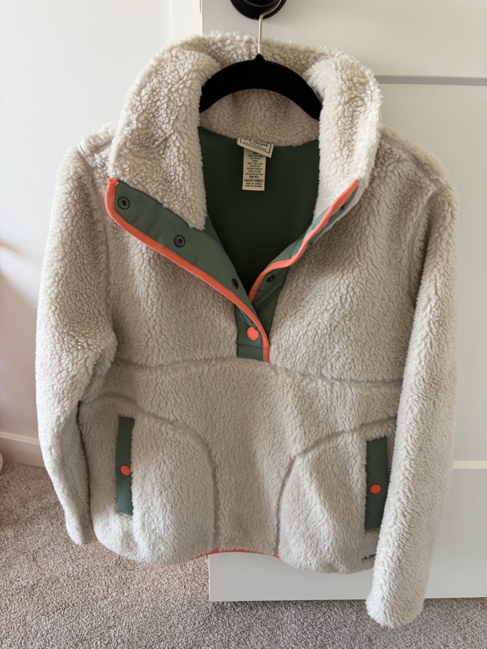 L.L. Bean Cream Sherpa Pullover Jacket with Green & Coral Trim